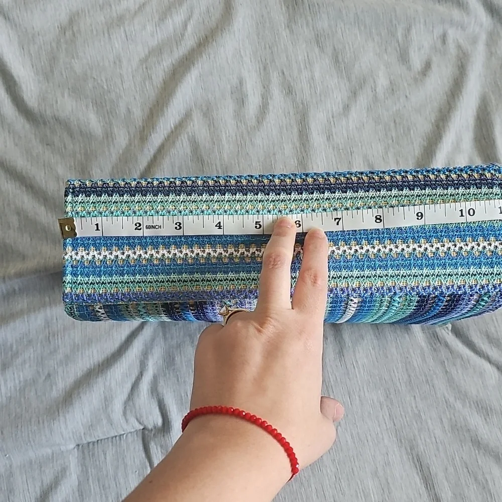 Striped Turquoise Blue and Green Handbag with Wooden Handles